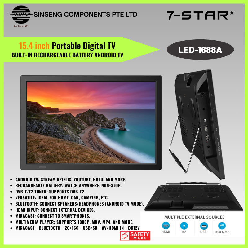15.4" Portable TV Monitor, Android, Bluetooth, 2GB+16GB, USB/HDMI | LED-1688A