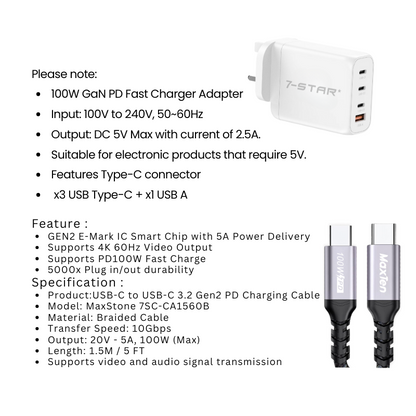 100W GaN PD Charger｜3x Type-C & 1x USB-A + 1.5M Cable | 7SPD-63W-CA1560B