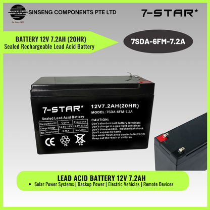 7.2AH 12V Sealed Rechargeable Lead Acid Battery (20HR) | 7SDA-6FM-7.2A