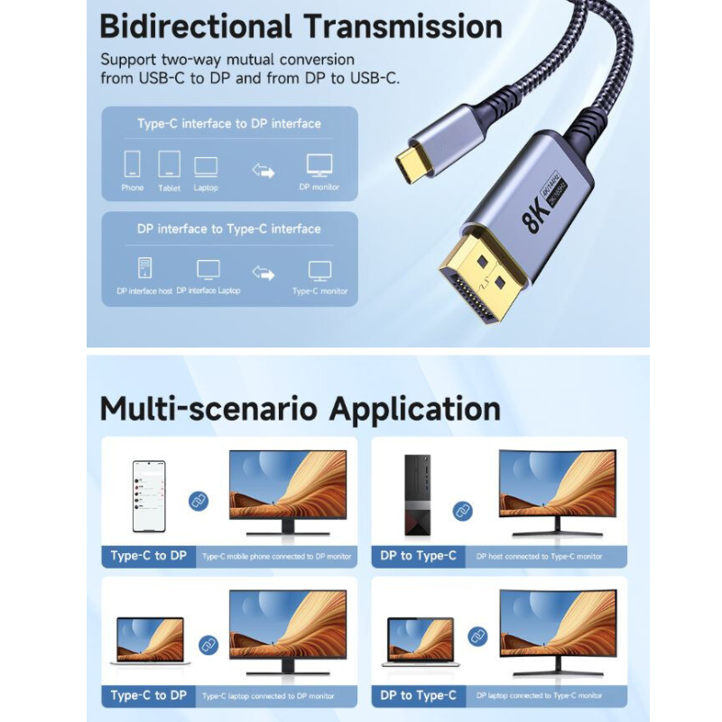 Bidirectional USB Type-C to DP DisplayPort Cable - 8K | 7S-TCDP-2