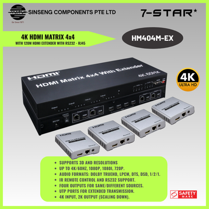 4K 60Hz 4x4 HDMI Matrix with 120M Extender & RS232 over RJ45 | HM404M-EX
