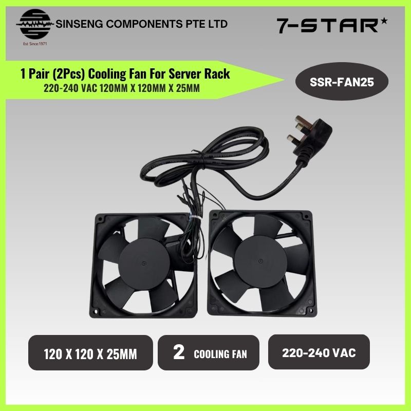 1 Pair (2PCS) Server Rack Cooling Fan 220-240VAC 120mm x 120mm x 25mm | SSR-FAN25