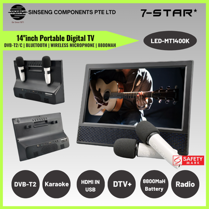 14" Portable TV | Karaoke, 8800mAh | LED-MT1400K