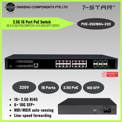 16-Port 2.5G PoE Switch with 6× 10G SFP | POE-25G1604-220 (220V)