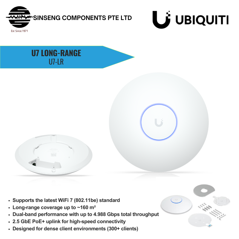 Ubiquiti UniFi U7‑LR  Long Range Wi‑Fi 7 Dual‑Band U7 LR Access Point