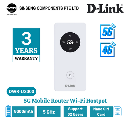 D-Link DWR-U2000 5G Mobile Router Wi-Fi Hotspot 5000mAh Up to 32 Device | DL-DWR-U2000