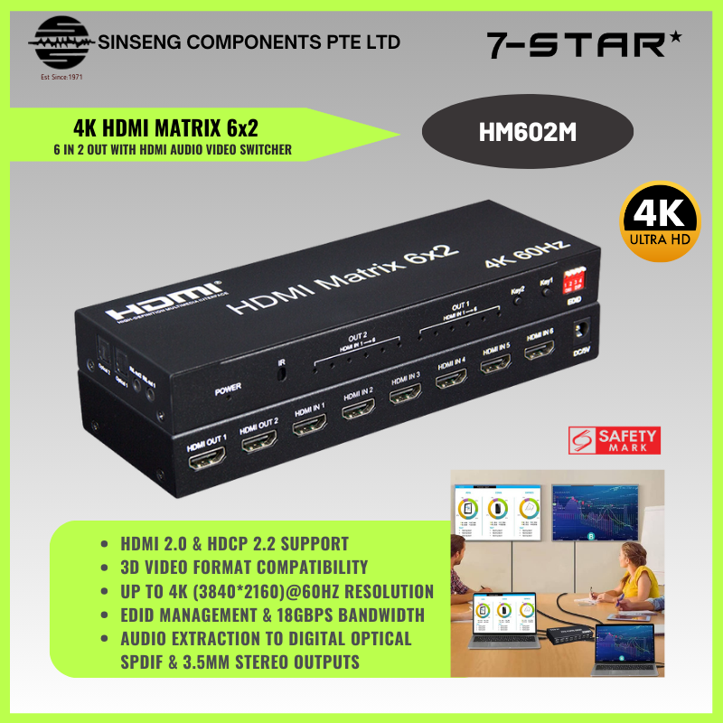 4K 6x2 HDMI 2.0 Matrix Switch | 4K@60Hz, UHD HDR, HDCP 2.2 | HM602M