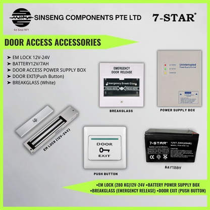 Security Door Access Kit - 600lbs EM Lock, 12V Power, Battery, Breakglass & Exit Button | DOOR ACCESS ACCESSORIES