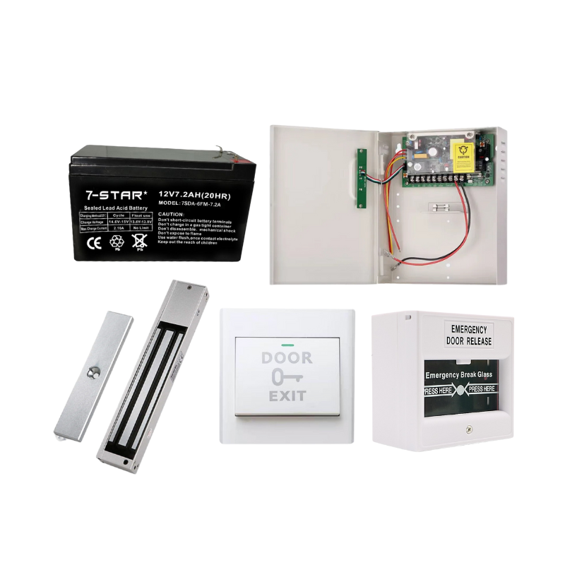 Security Door Access Kit - 600lbs EM Lock, 12V Power, Battery, Breakglass & Exit Button | DOOR ACCESS ACCESSORIES