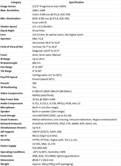 Hikvision 4MP WiFi PTZ IP Camera 4X Zoom Two-Way Audio AcuSense |　DS-2DE2A404IWG1-E/W
