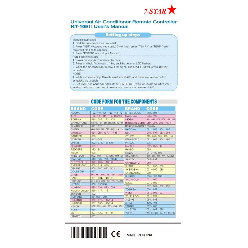 Universal Aircon Remote Control for all Air Conditioners | KT-109II