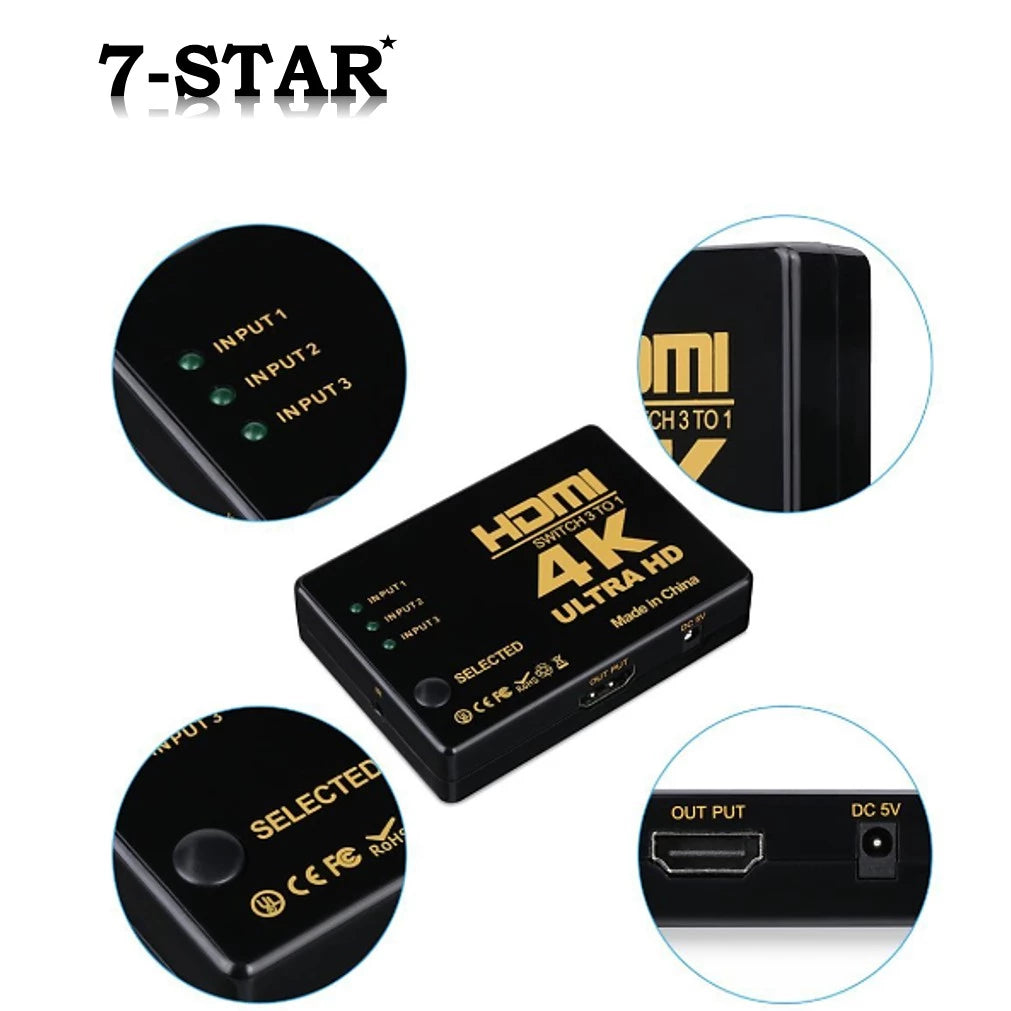 3x1 HDMI Switcher 4K/1080P – 3-in-1 HDMI Hub Splitter for TV | HS301