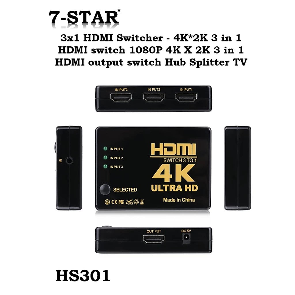 3x1 HDMI Switcher 4K/1080P – 3-in-1 HDMI Hub Splitter for TV | HS301