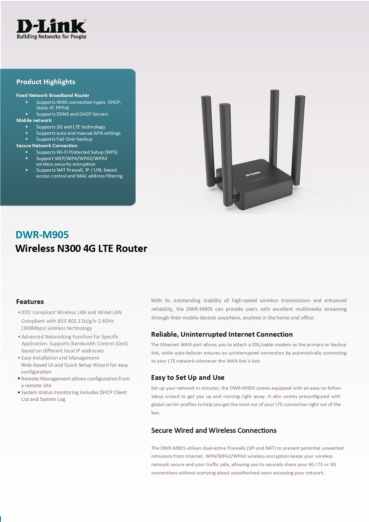D-Link DWR-M905 Wireless N300 4G LTE SIM Card Router Up to 32 Devices | DL-DWR-M905