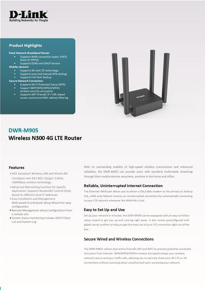 D-Link DWR-M905 Wireless N300 4G LTE SIM Card Router Up to 32 Devices | DL-DWR-M905