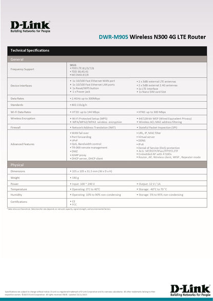D-Link DWR-M905 Wireless N300 4G LTE SIM Card Router Up to 32 Devices | DL-DWR-M905