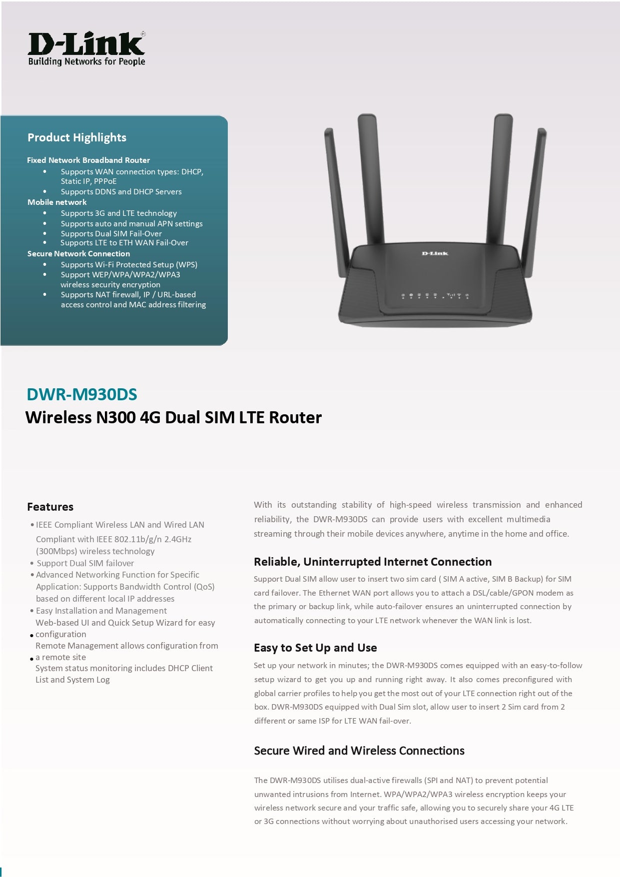 D-Link N300mbps 4G LTE Wireless Wifi Dual Sim Card Router | DL-DWR-M930DS