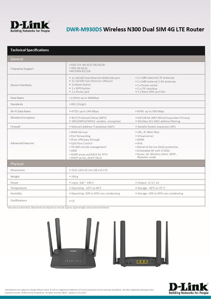 D-Link N300mbps 4G LTE Wireless Wifi Dual Sim Card Router | DL-DWR-M930DS