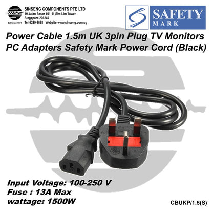 1.5M UK 3 Pin Power Cable for CCTV, TV & PC | Safety Mark | CBUKP/1.5M(S)