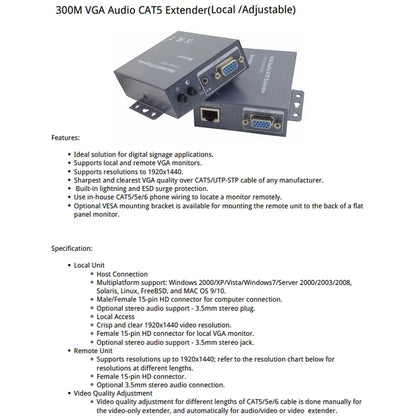 300M VGA Extender with Audio | 1x1 Splitter Sender | VE02-2