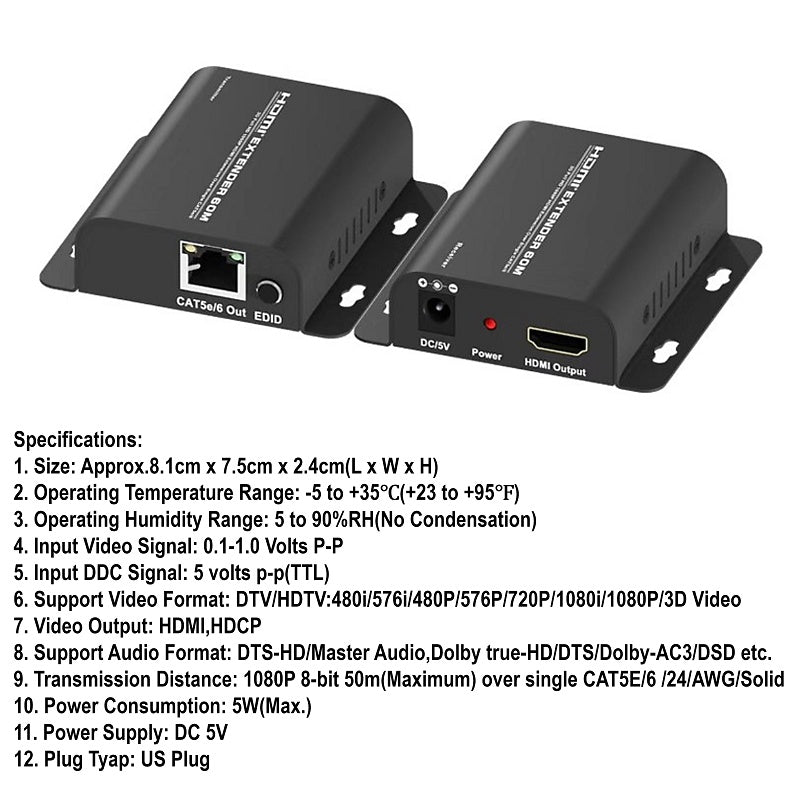 60M HDMI CAT5E/6/7 Extender Over RJ45 Cable | HM01E
