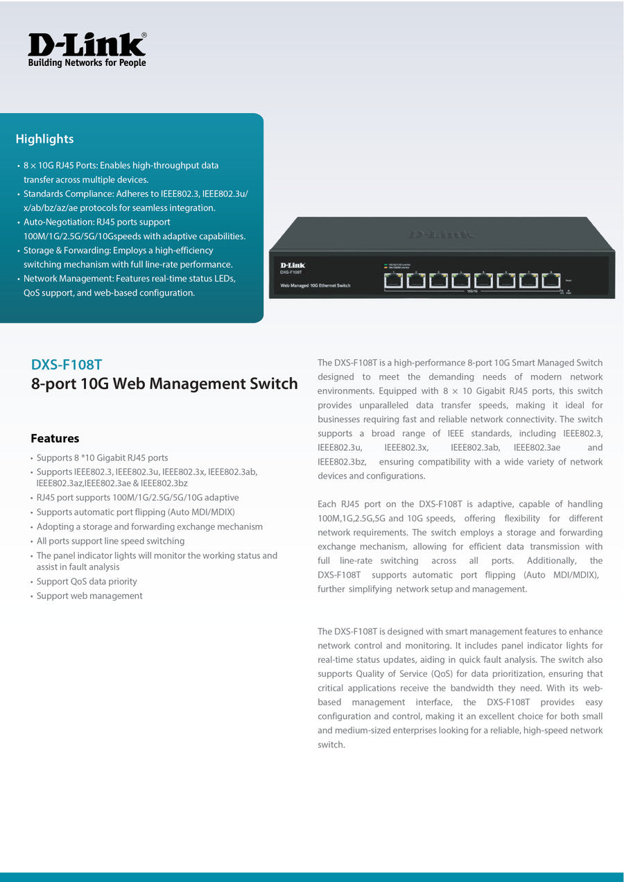 D-Link Full 10G 8-port 10G Web Management Switch | DXS-F108T