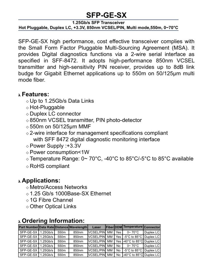 1.25G SFP Module 850nm Multimode 550m DDM 1000BASE-SX | SDEM-321GT-M