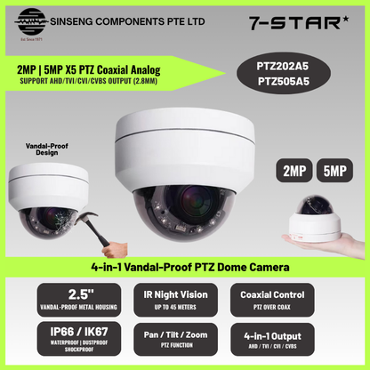2MP/5MP PTZ Mini Dome Camera | AHD/TVI/CVI/CVBS | IP66 | 2.8mm | PTZ202A5/PTZ505A5
