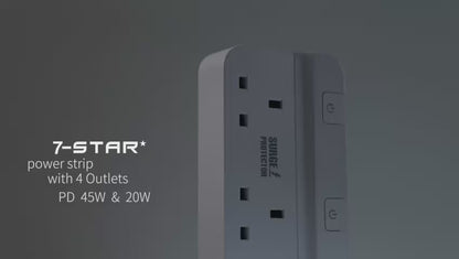 4 Way Extension Socket | 3M Cable | 18W USB A + PD45W - 20W Type C | Safety Mark