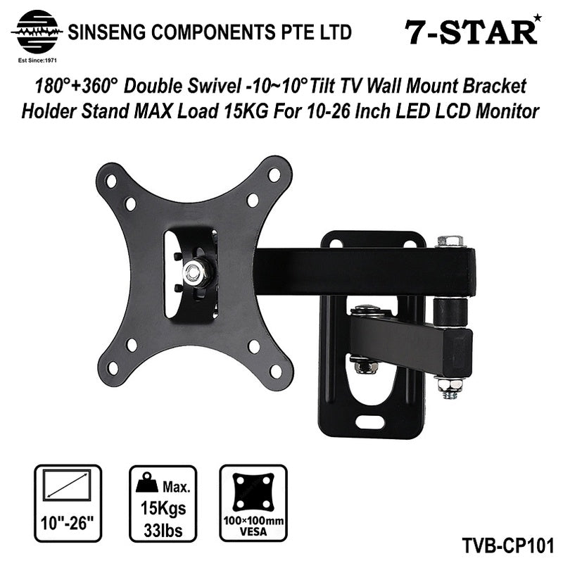 180°+360° Swivel & -10° to +10° Tilt Wall Mount | Max: 15KG for 10”-26” TVs/Monitors | TVB-CP101