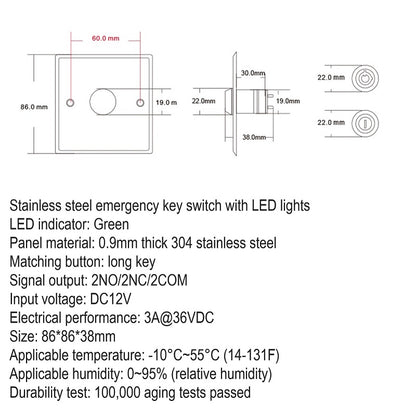 Bypass Key Switch with LED for Door Access | KEY SWITCH-LED