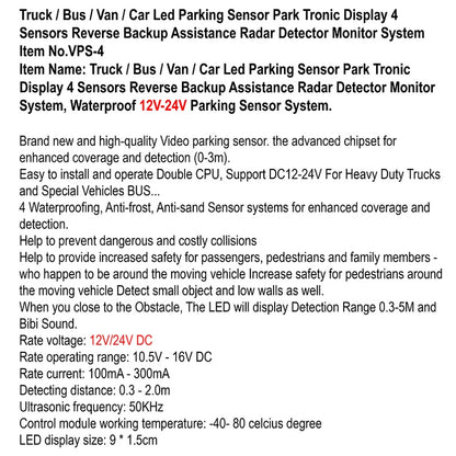 4PCS DC12-24V Reverse Sensor System with LED Display & Warning | VPS-4