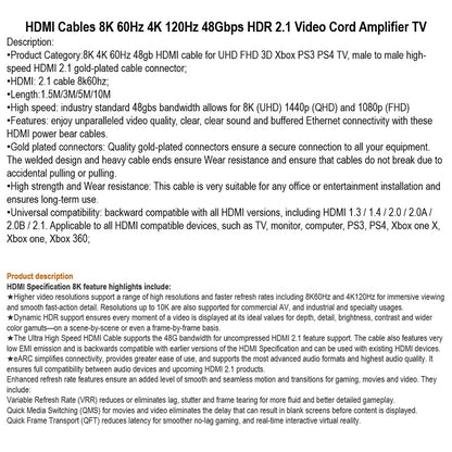 8K HDMI Cable 7680x4320P 8K@120Hz, HDMI 2.1, 48Gbps, 3D HDR for PS4, HDTV | B-HDMI/8K