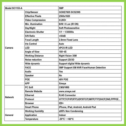 5MP Audio Turret Dome PoE IP Camera (2.8mm, Night Vision, ONVIF) | SC1153-A
