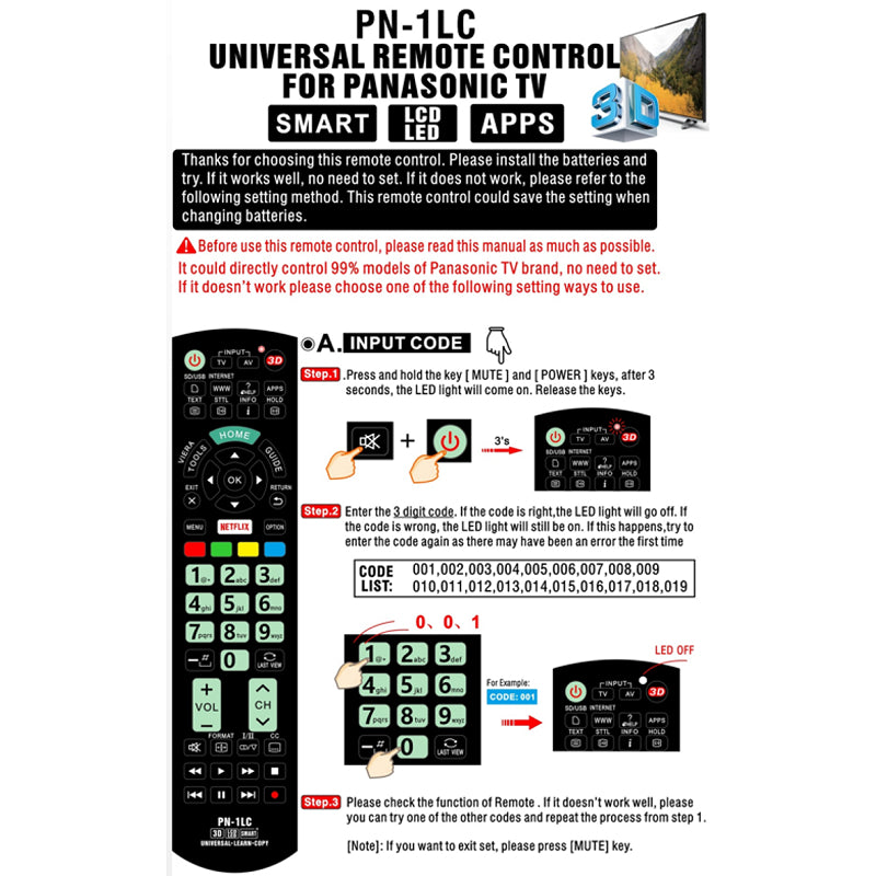 Universal Remote for All Panasonic TVs (Smart Function) | RMPN1