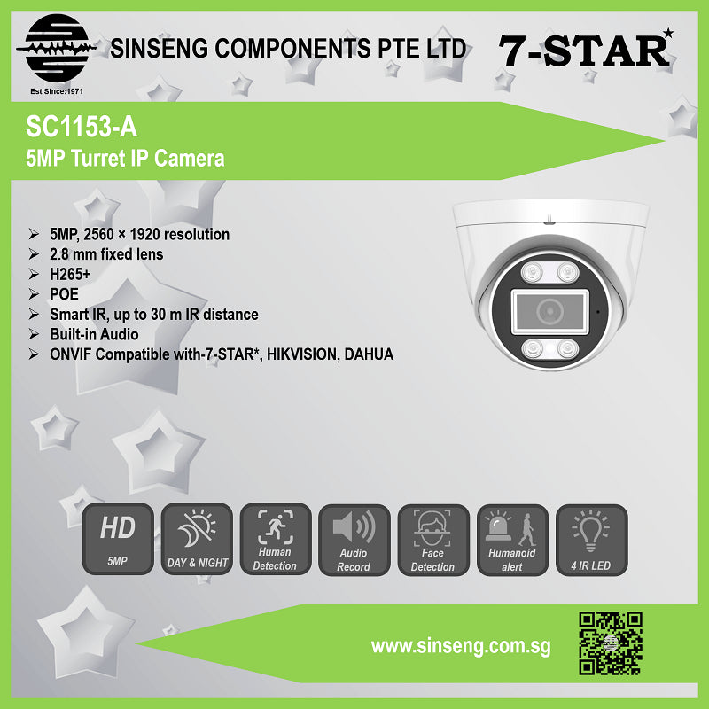 5MP Audio Turret Dome PoE IP Camera (2.8mm, Night Vision, ONVIF) | SC1153-A