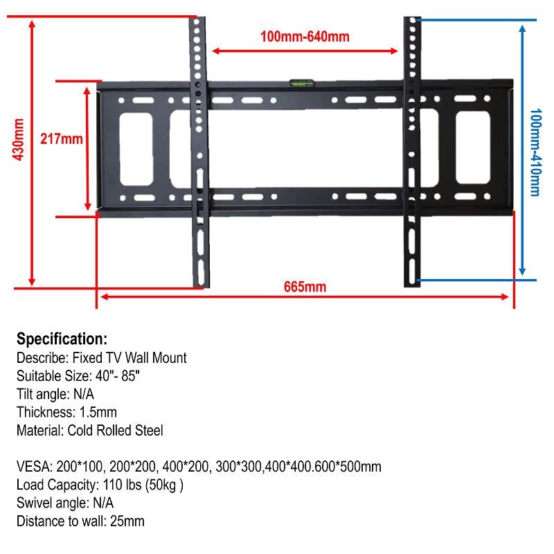 32-85” Fixed TV Wall Mount, Tilt | TVB-B62Y [Heavy-Duty]