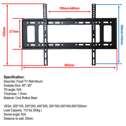 32-85” Fixed TV Wall Mount, Tilt | TVB-B62Y [Heavy-Duty]