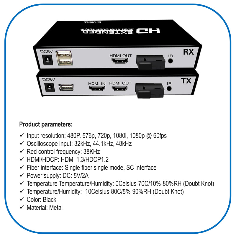 20KM HDMI Extender 1080P Over Fiber Optic with KVM & Power Adapter | HDKV-E20KM