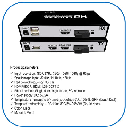 20KM HDMI Extender 1080P Over Fiber Optic with KVM & Power Adapter | HDKV-E20KM