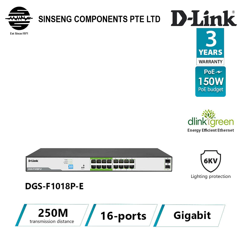 D-Link Full-Gigabit 16 Port PoE Switch 16GE PoE+2 SFP Ports | DL-DGS-F1018P-E