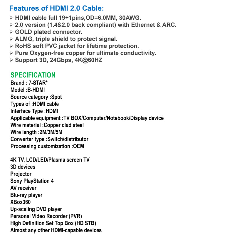 4K HDMI Cable 2.0V, 24K Gold-Plated for HDTV, Ultra HD, 3D | B-HDMI