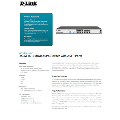 D-Link Full-Gigabit 16 Port PoE Switch 16GE PoE+2 SFP Ports | DL-DGS-F1018P-E