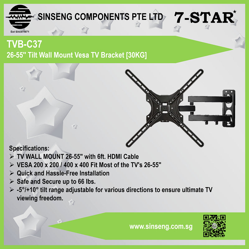 26” to 55” Tilt Wall Mount VESA TV/Monitor Bracket | Max Weight: 30KG | Model: TVB-C37