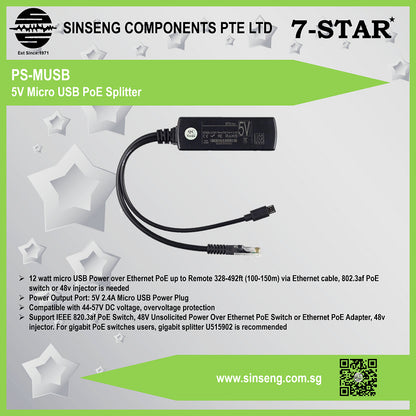 Micro USB Active PoE Splitter 48V to 5V 2.4A for Tablets | PS-TYPE-C | PS-MUSB