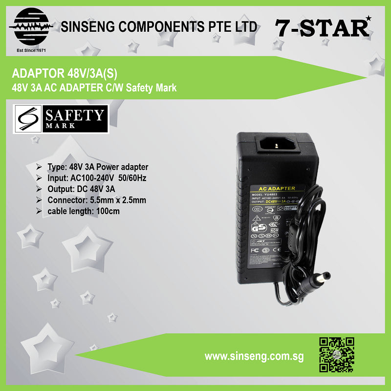 48V 3A AC ADAPTER Power Supply | DC 5.5*2.5mm | ADAPTOR 48V/3A(S)