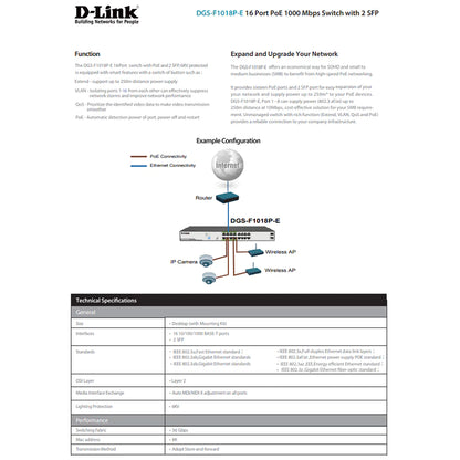 D-Link Full-Gigabit 16 Port PoE Switch 16GE PoE+2 SFP Ports | DL-DGS-F1018P-E