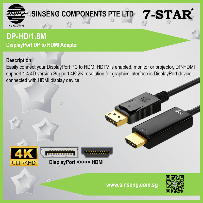 4K DisplayPort to HDMI Converter Cable | DP-HD/1.8M