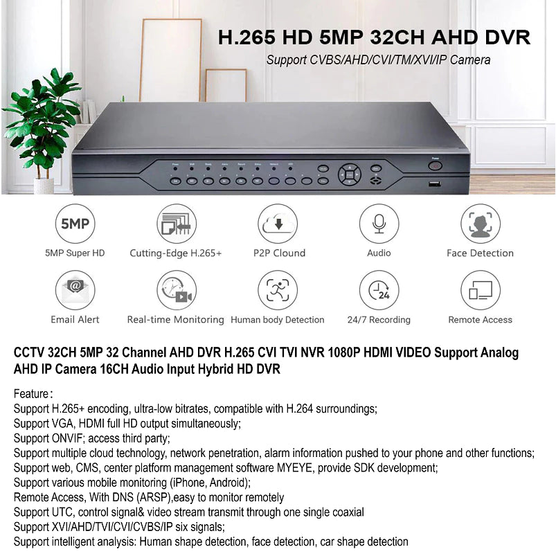 DVR3225L 32CH 5MP 1U H.265 2 SATA DVR (APP:XMEYE)