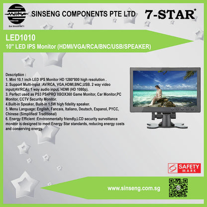 10" IPS LED Monitor (HDMI/VGA/RCA/BNC/USB/Speaker + Remote) | LED1010